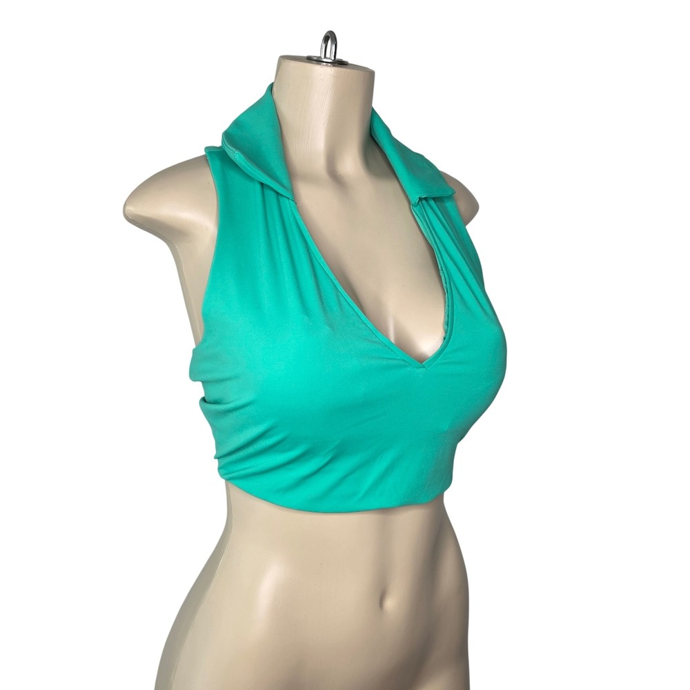 Crane Sports Bra Womens XL Green Longline Collared Halter Racerback Athletic Top